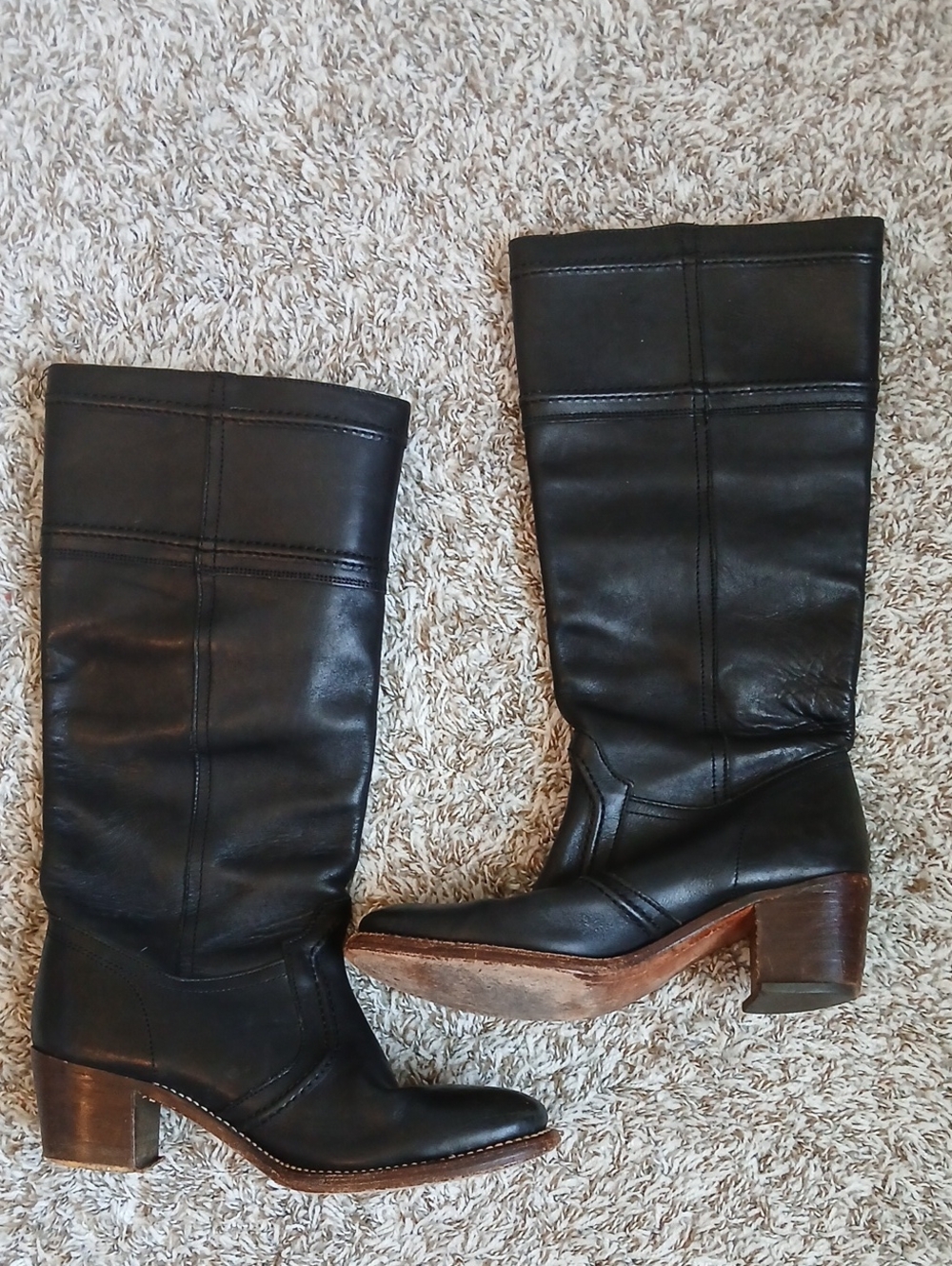 Frye Jane Stitch Black Leather 16 Inch Heeled Boots Size 8 1/2